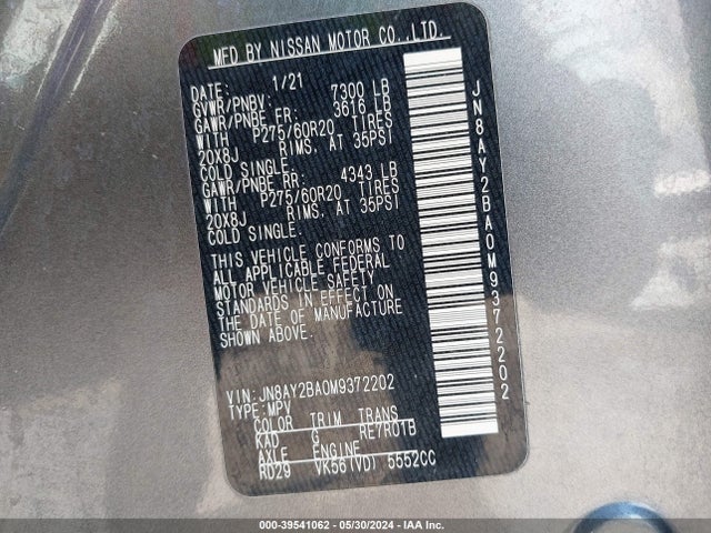 Nissan Armada Sl 2wd 2021 JN8AY2BA0M9372202 Image 9