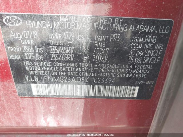 5NMS23AD5KH023394 Hyundai Santa Fe Se