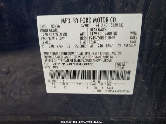 Aukcja sprzedaży 2016 Ford Edge Sel, vin: 2FMPK3J97GBB30336, numer aukcji: 39541124