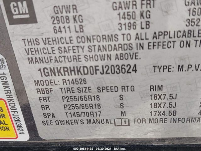 1GNKRHKD0FJ203624 Chevrolet Traverse 2lt