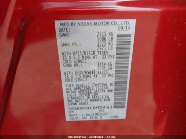5N1AR2MN0FC600483 Nissan Pathfinder Sl