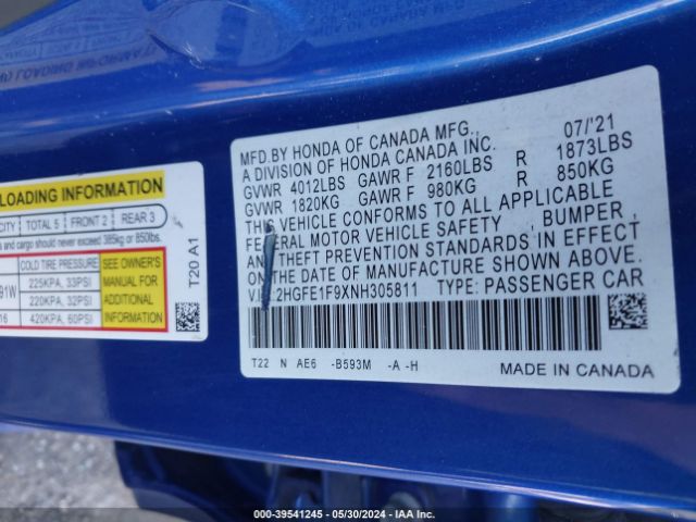 2HGFE1F9XNH305811 Honda Civic Touring