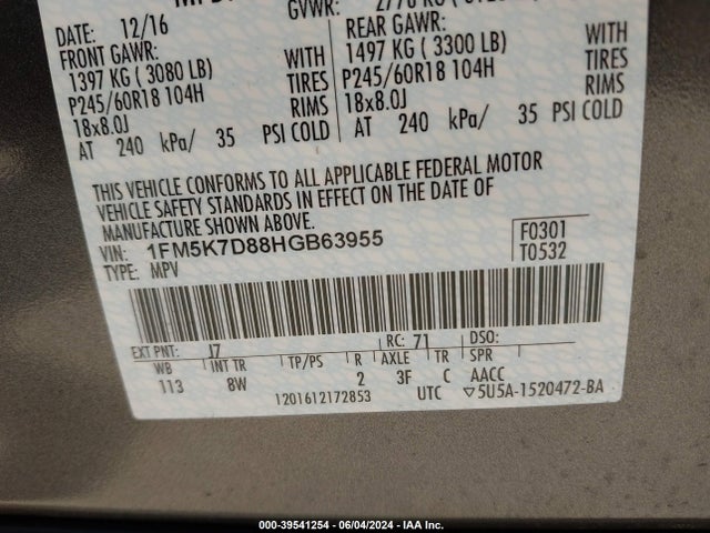 Ford EXPLORER XLT 2017 1FM5K7D88HGB63955 Image 9