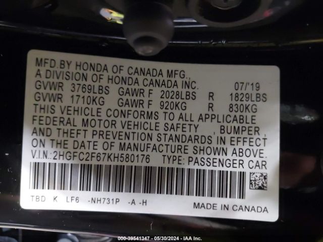 2HGFC2F67KH580176 Honda Civic Lx