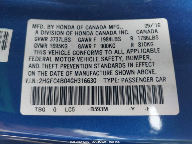 2HGFC4B04GH316630 Honda Civic Lx-p