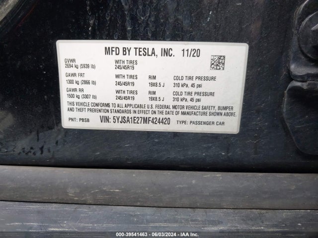 2021 TESLA MODEL S 5YJSA1E27MF424420 Photo 8