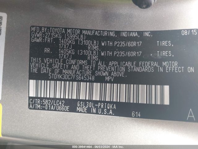 5TDYK3DC7FS645348 Toyota Sienna Xle 8 Passenger