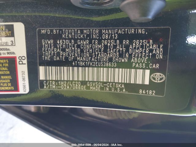 4T1BK1FK2EU538633 Toyota Camry Se V6