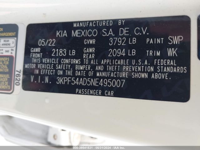 3KPF54AD5NE495007 KIA Forte Gt-line