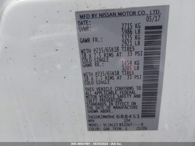 Nissan Pathfinder Sv 2017 5N1DR2MN9HC688451 Image 9