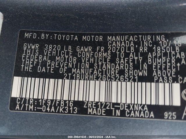 Toyota COROLLA LE 2016 2T1BURHE2GC526521 Image 9