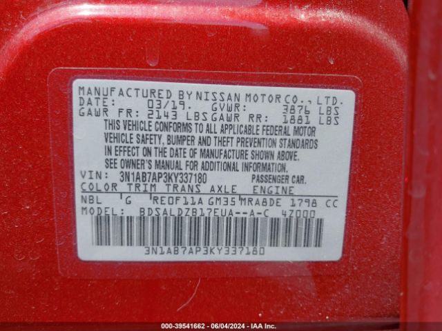 3N1AB7AP3KY337180 Nissan SENTRA SV