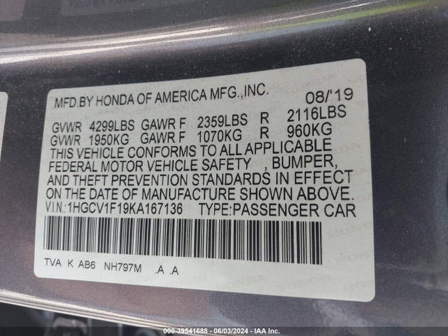 Honda ACCORD LX 2019 1HGCV1F19KA167136 Image 9