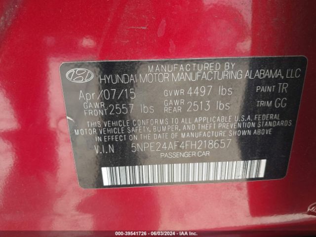 5NPE24AF4FH218657 Hyundai SONATA SE