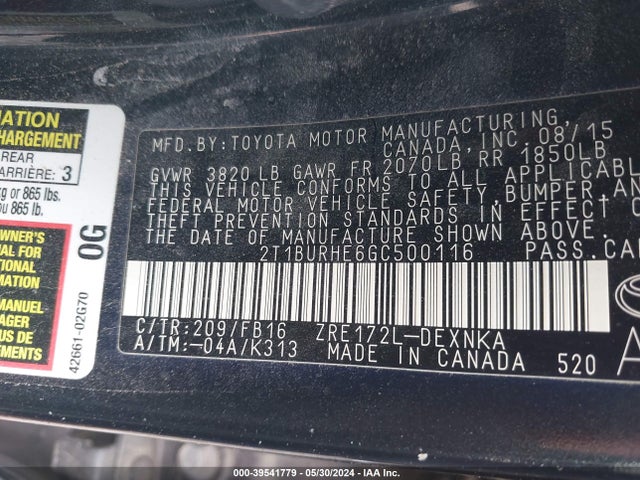 Toyota Corolla Le Plus 2016 2T1BURHE6GC500116 Image 9