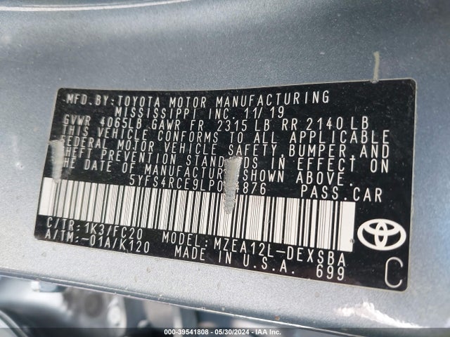 Toyota COROLLA SE 2020 5YFS4RCE9LP034876 Image 9