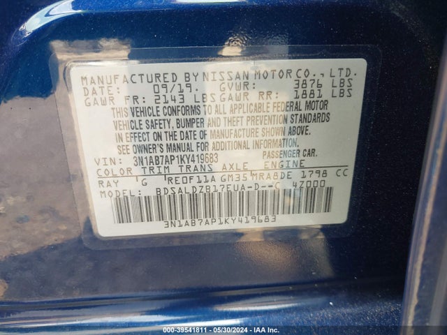 Nissan SENTRA SV 2019 3N1AB7AP1KY419683 Image 9