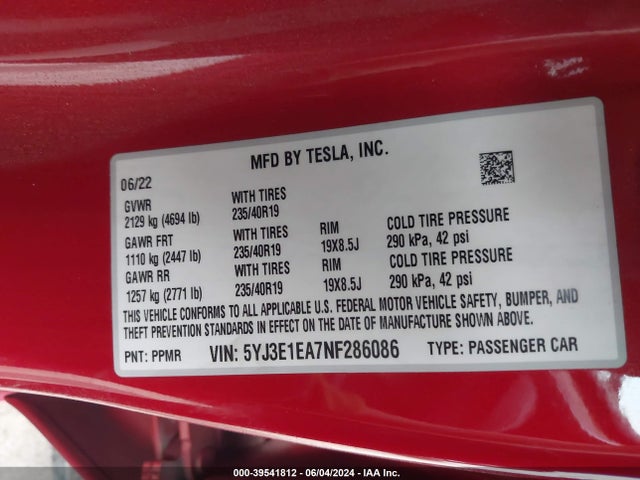 Tesla Model 3 Rear-wheel Drive 2022 5YJ3E1EA7NF286086 Image 9