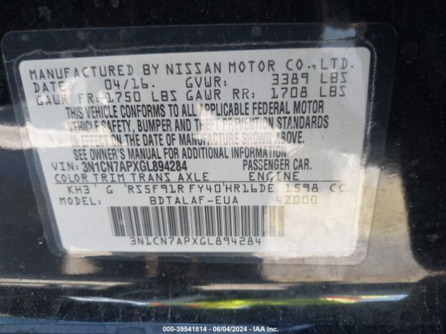 3N1CN7APXGL894284 Nissan Versa 1.6 S