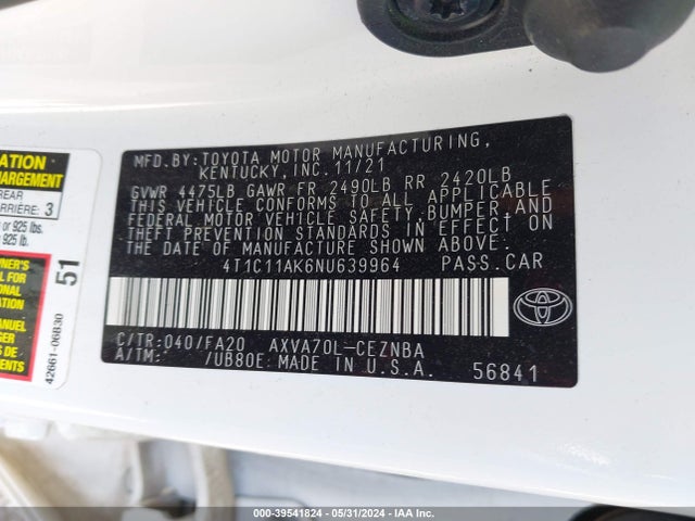 Toyota CAMRY LE 2022 4T1C11AK6NU639964 Image 9