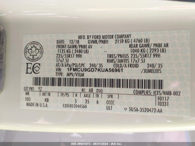 Ford ESCAPE SE 2019 1FMCU9GD7KUA56961 Image 9