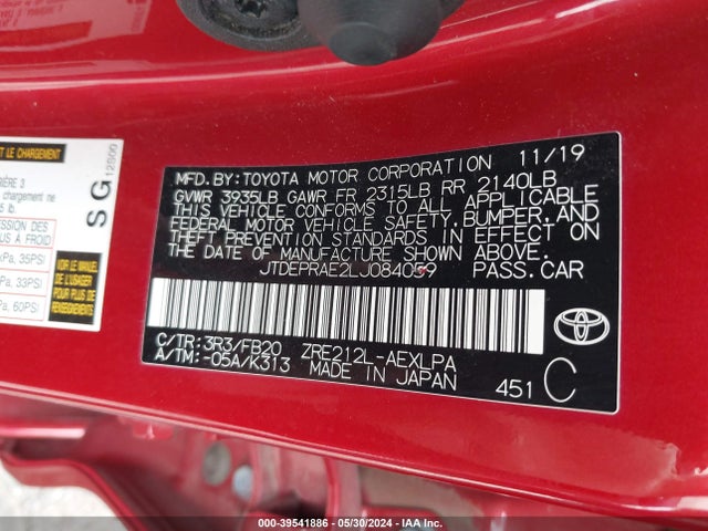 Toyota COROLLA LE 2020 JTDEPRAE2LJ084059 Image 9
