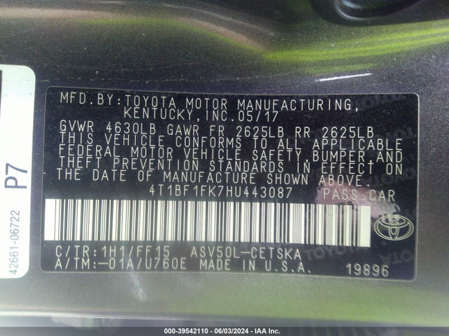 Toyota CAMRY SE 2017 4T1BF1FK7HU443087 Image 9