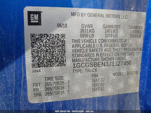 Chevrolet Colorado Wt 2018 1GCGSBEN3J1327450 Image 9