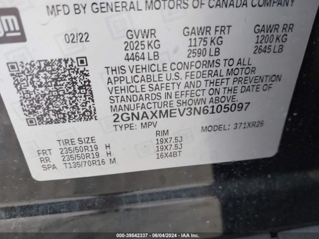 2GNAXMEV3N6105097 Chevrolet Equinox Fwd Rs