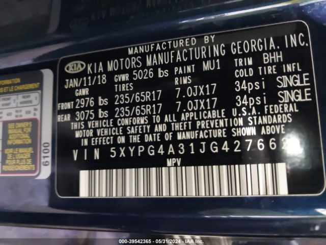 5XYPG4A31JG427662 KIA Sorento 2.4l Lx
