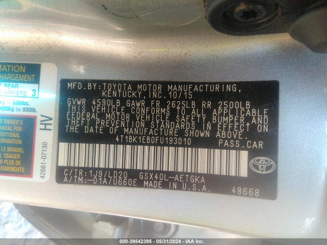 Toyota AVALON XLE 2015 4T1BK1EB0FU193010 Image 9
