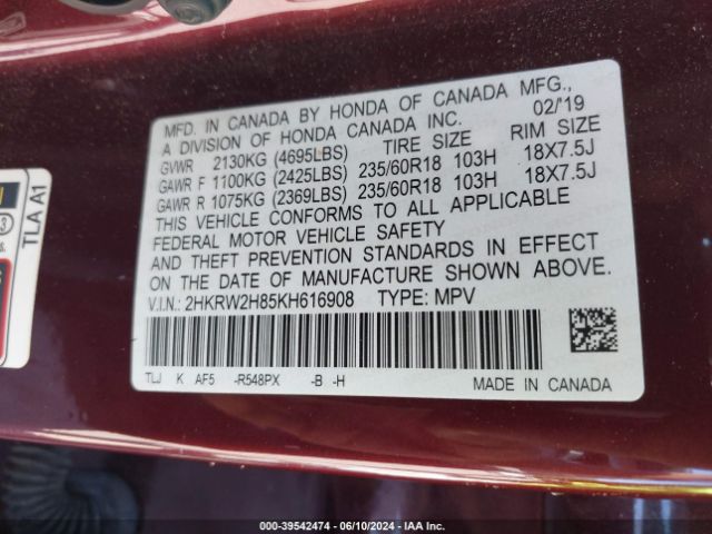 2HKRW2H85KH616908 Honda Cr-v Ex-l