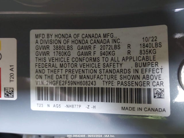 Honda Civic Sport 2022 2HGFE2F59NH608243 Image 9