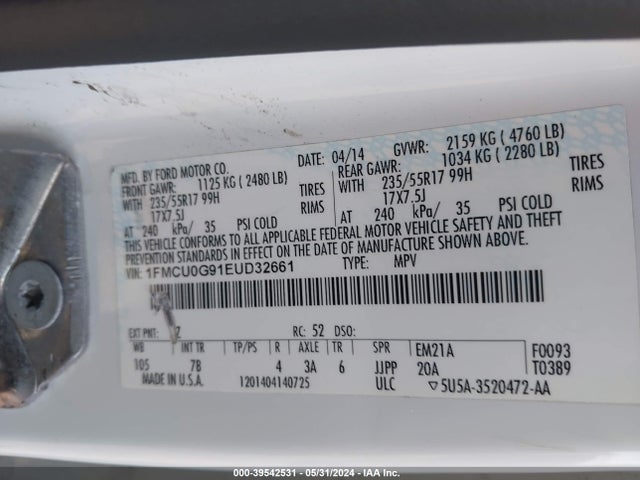 Ford ESCAPE SE 2014 1FMCU0G91EUD32661 Image 9