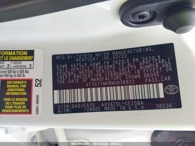 Toyota CAMRY SE 2022 4T1G11AK8NU036922 Image 9