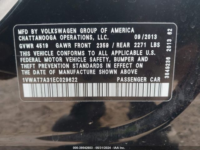 1VWAT7A31EC029622 Volkswagen Passat 1.8t Wolfsburg Edition