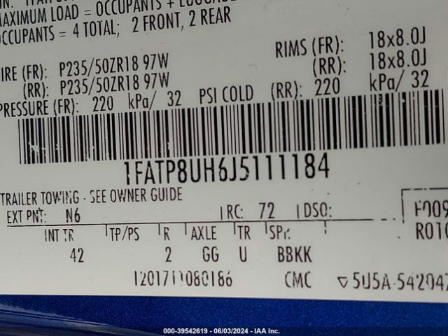 1FATP8UH6J5111184 Ford Mustang Ecoboost Premium