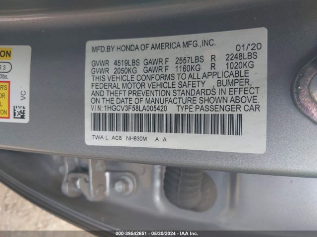 1HGCV3F58LA005420 Honda Accord Hybrid Ex-l