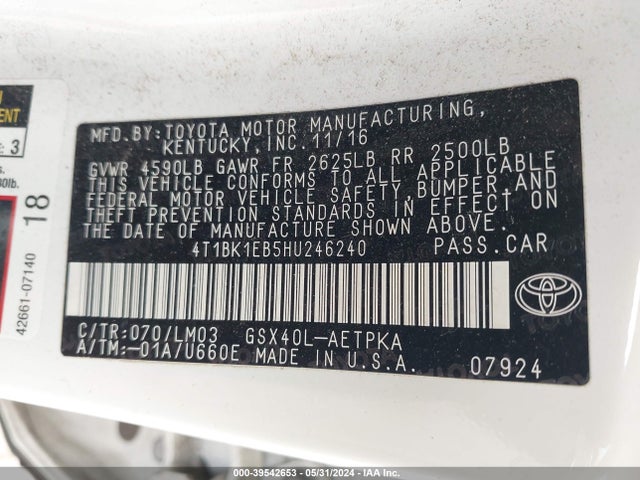 Toyota AVALON LIMITED 2017 4T1BK1EB5HU246240 Image 9
