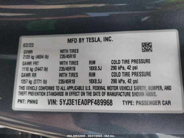 5YJ3E1EA0PF489968 Tesla Model 3 Rear-wheel Drive