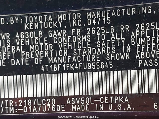 Toyota CAMRY XSE 2015 4T1BF1FK4FU955645 Image 9