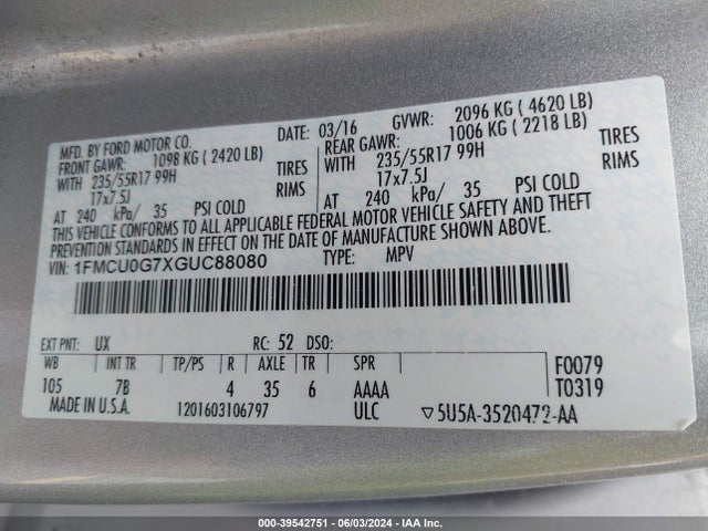 Ford ESCAPE SE 2016 1FMCU0G7XGUC88080 Image 9