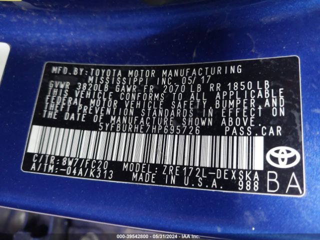 5YFBURHE7HP695726 Toyota COROLLA SE