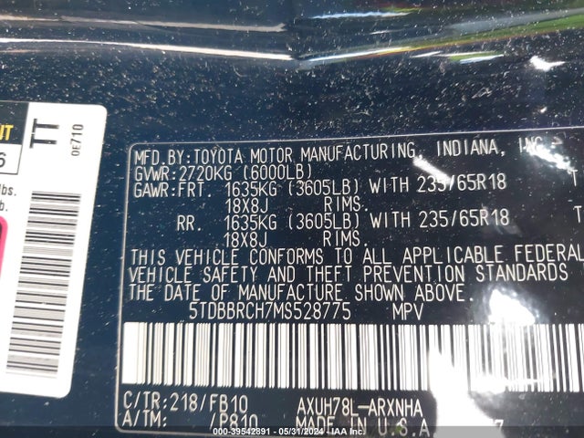 Toyota Highlander Hybrid Le 2021 5TDBBRCH7MS528775 Image 9