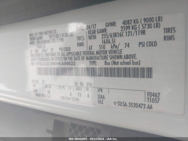 1FBZX2CM6HKA99022 Ford Transit-350 Xl