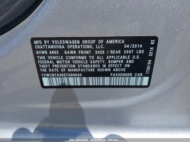 1VWCN7A35EC099630 Volkswagen Passat 2.0l Tdi Sel Premium
