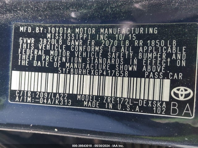 Toyota Corolla S Premium 2016 5YFBURHEXGP417658 Image 9