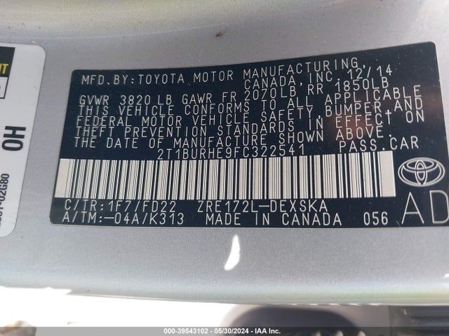 Toyota Corolla S Plus 2015 2T1BURHE9FC322541 Image 9