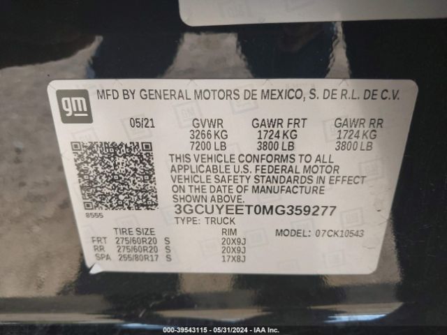 3GCUYEET0MG359277 Chevrolet Silverado 1500 4wd  Short Bed Rst