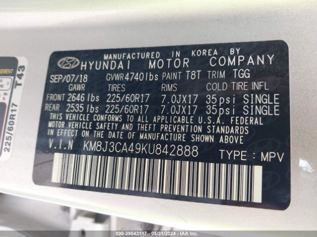 KM8J3CA49KU842888 Hyundai Tucson Value